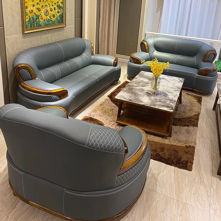 New Chinese style, ebony leather sofa, modern simple solid wood combination