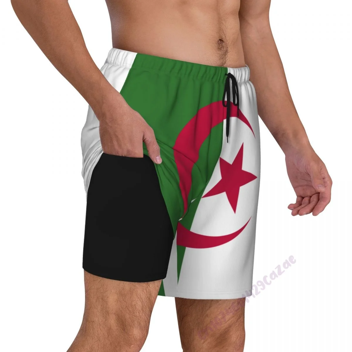 Algeria Flag 3D Mens Swimming Trunks With Compression Liner 2 in 1 Quick-Dry Summer Swim Shorts With Pockets