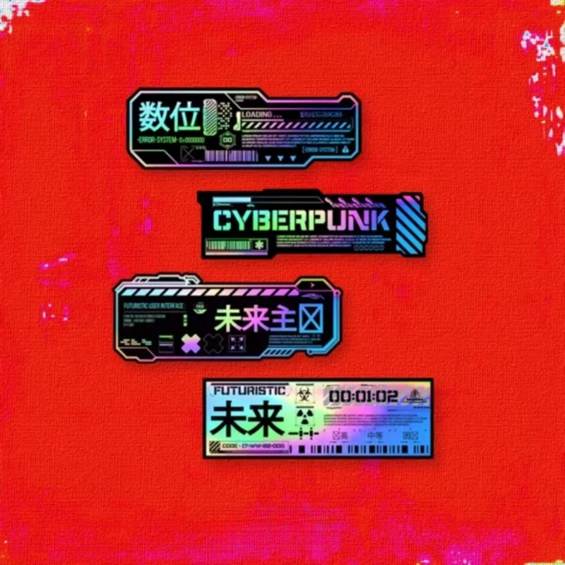 Futuristic Cyberpunk Decals 4Pcs Holographic Sci Fi Vinyl Stickers for Car Window Bumper Laptop DIY Decoration