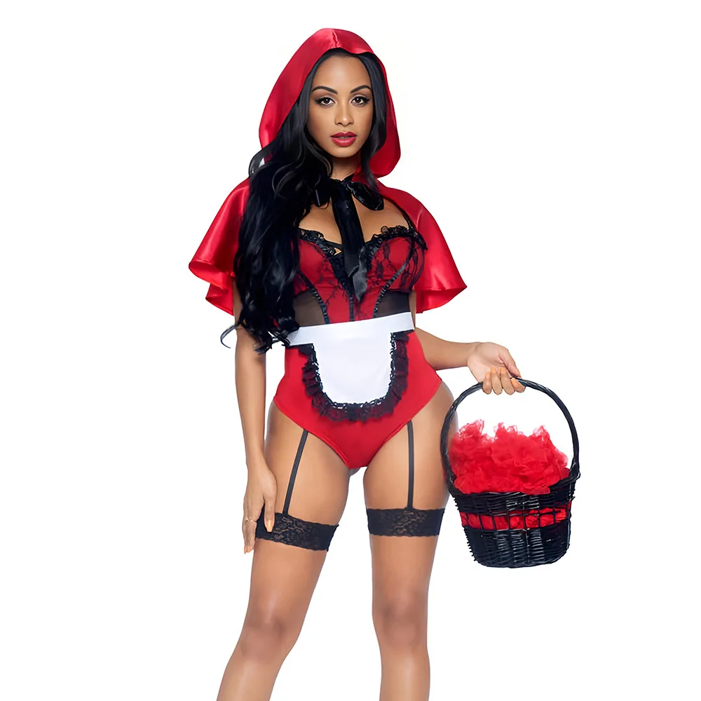 

Halloween Red Riding Hood Costume Woman Sexy Bodysuit Apron Cape Cosplay Anime Nightclub Party Gogo Dancer Stage Wear Lingerie