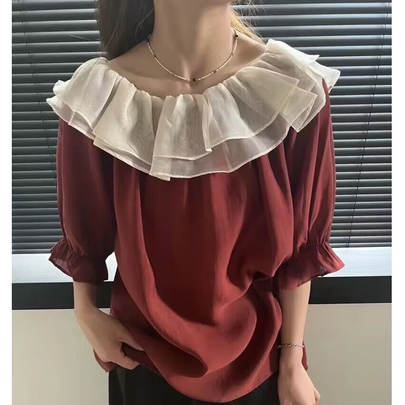 

Stylish Loose Spliced Folds Ruffles Chiffon Blouse Women Clothing 2023 Summer New Casual Pullovers Office Lady Puff Sleeve Shirt