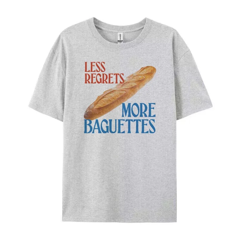 Less Regrets More Baguettes Women Funny T-Shirt Cute Foodie T Shirt Casual Short Sleeve Bread Lover Tee Shirt Unisex Tops Gifts