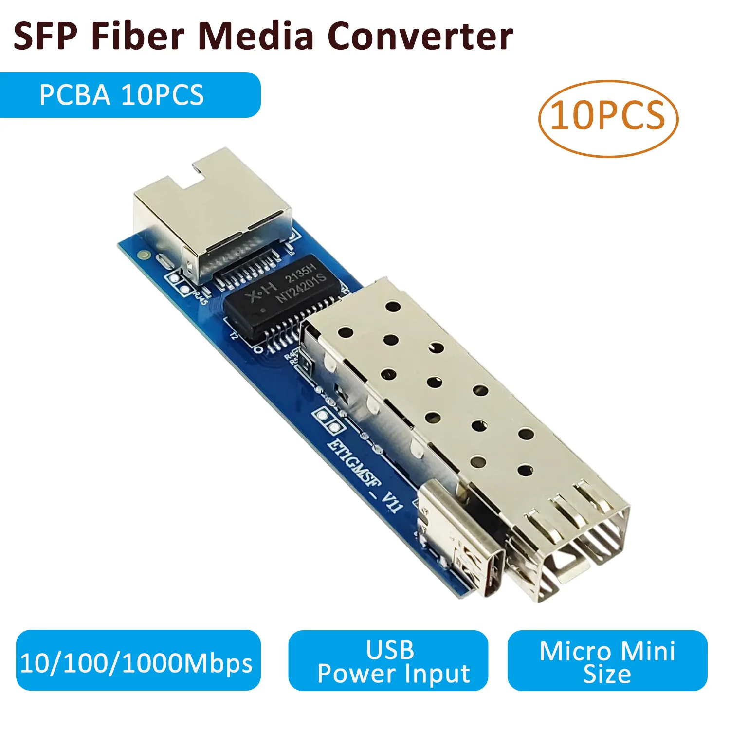 

Micro Mini Gigabit SFP Fiber Media Converter PCBA 10pcs，Ultra-Compact 10/100/1000Mbps Ethernet IP Copper to Fiber Converter