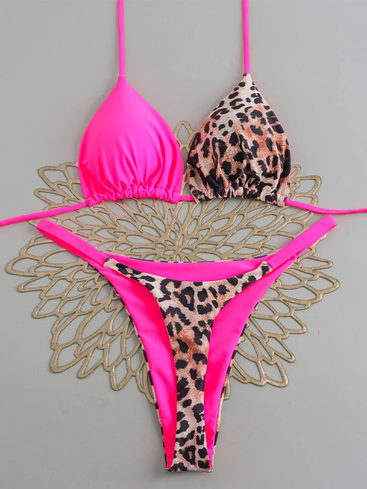 Sexy Leopard Laced Up Bikini Women Split Swimsuit Beach Brazil Thong Bikini 2026 New All Season Backless Bikini 2 Piece Set