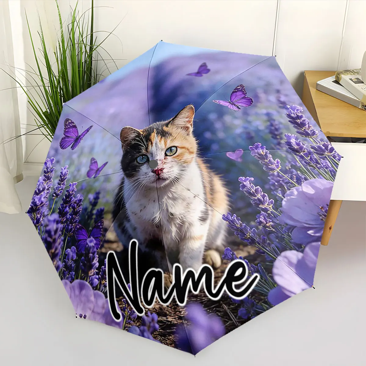 Custom Name Cat and Lavender Field Umbrella Purple Butterflies Print 8 Iron Ribs Folding Umbrella Auto-Open Fashion Sunshade