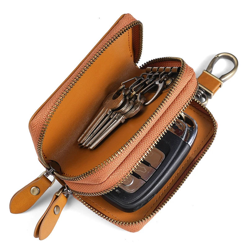 2023 New Brown Double Layer Key Wallet Genuine Leather Vintage Unisex Car Keychain Holder Zipper Housekeeper Keys Organizer Case