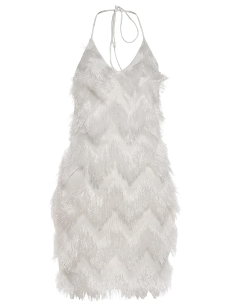 Weird Puss Furry Tassel Mini-Kleid für Damen, mit Schnürung, Neckholder, rückenfrei, figurbetont, Pfirsichfarben, für Mitternachtsclub-Partys, sexy, modisch, Bodycon – Detail 2