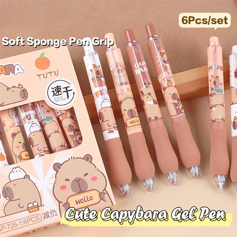 Stylos gel de dessin animé Kawaii Capybara, séchage rapide, écriture lisse, stylos melon al, fournitures scolaires et de bureau, papeterie mignonne pour étudiants, 6 pièces