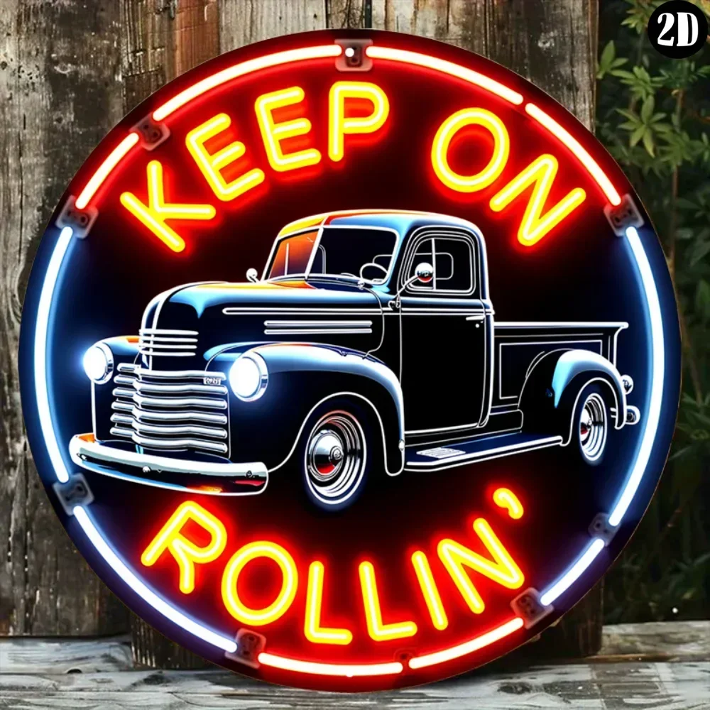 限定鉄板装飾画：ヴィンテージネオン風「Keep On Rollin」メタルサイン |   バーやスタジオ向けのレトロなウォールアート