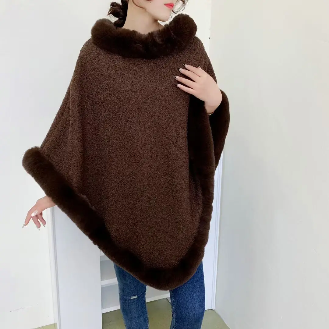 6 Colors Autumn Winter Women Faux Fur Collar Cloak Thick Outstreet Wear Granular Velvet Warm Poncho Pullover Lady Shawl Overcoat