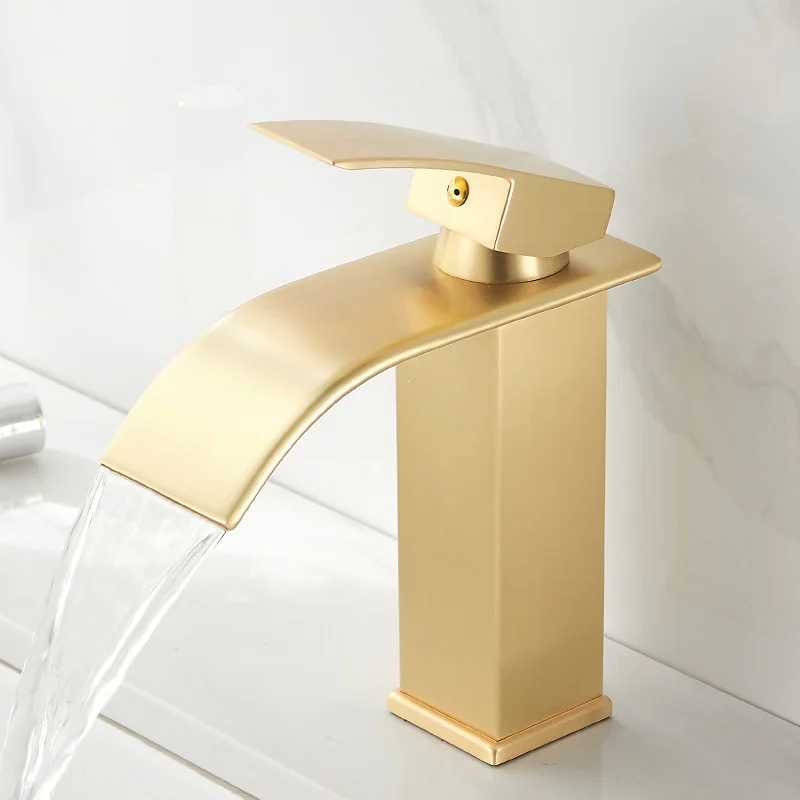 

Brushed Gold Bathroom Faucet Waterfall Hot And Cold Basin Brass Single Handle Hole Mixing Tap