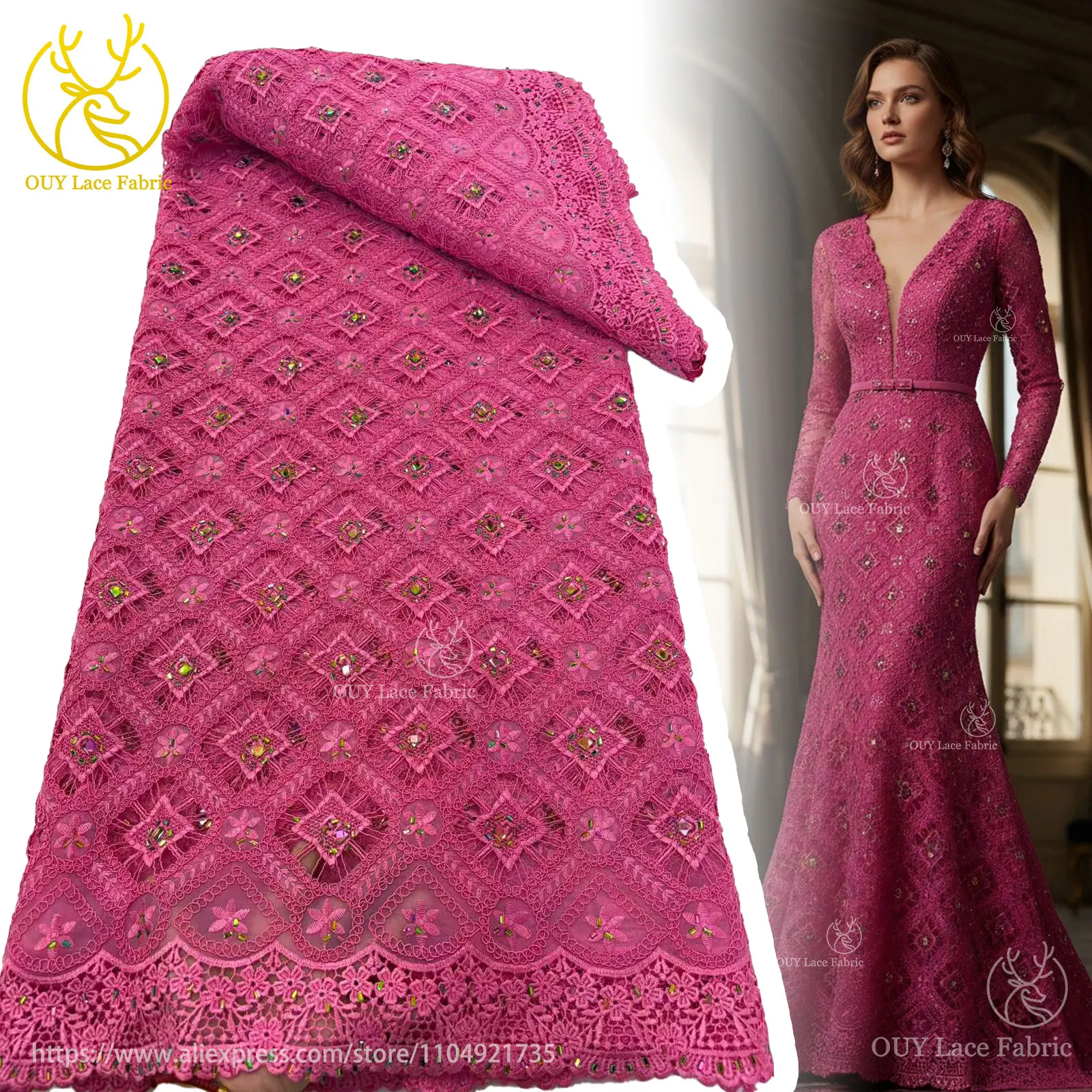 Neueste Elegante Afrikanische Guipure-Spitze mit Stickerei und Steinbesatz 2026 Hochwertige Nigerianische Abendkleider-Spitze für Partys – Detail 4
