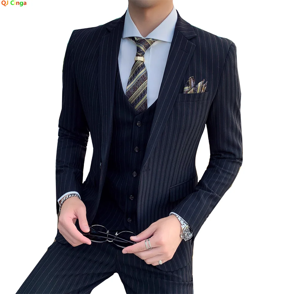 Men Classic Striped/Checked Suit, Business Office 3 Piece Sets, Asian Size Slim Fit Men's Dress Suits, Black/Blue/Gray Available