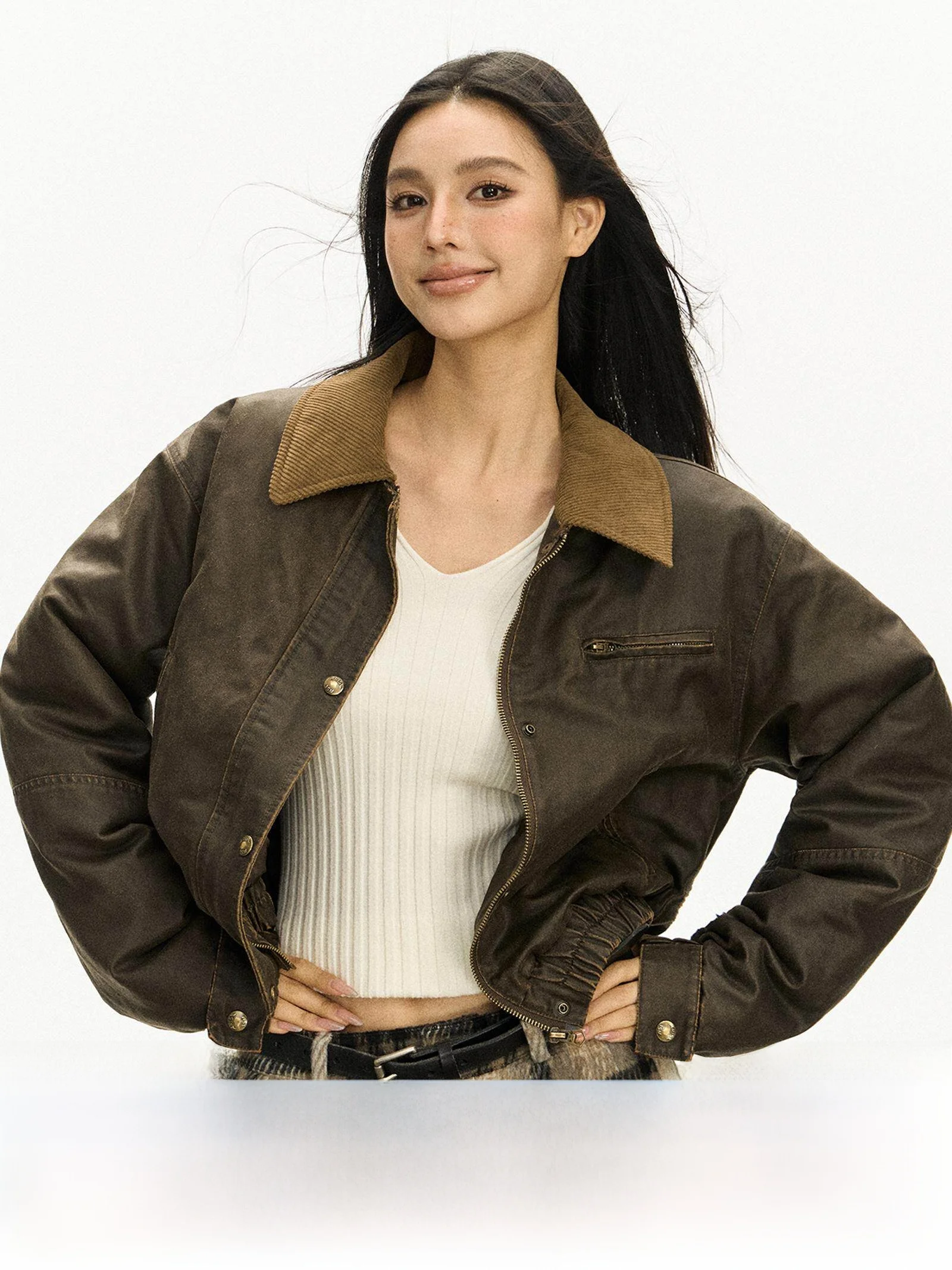 

Ariseism American Sle Design Retro Collar Workwear Leather Jaet Women's Spring New Faion Straight Tube Polyester Cotton...