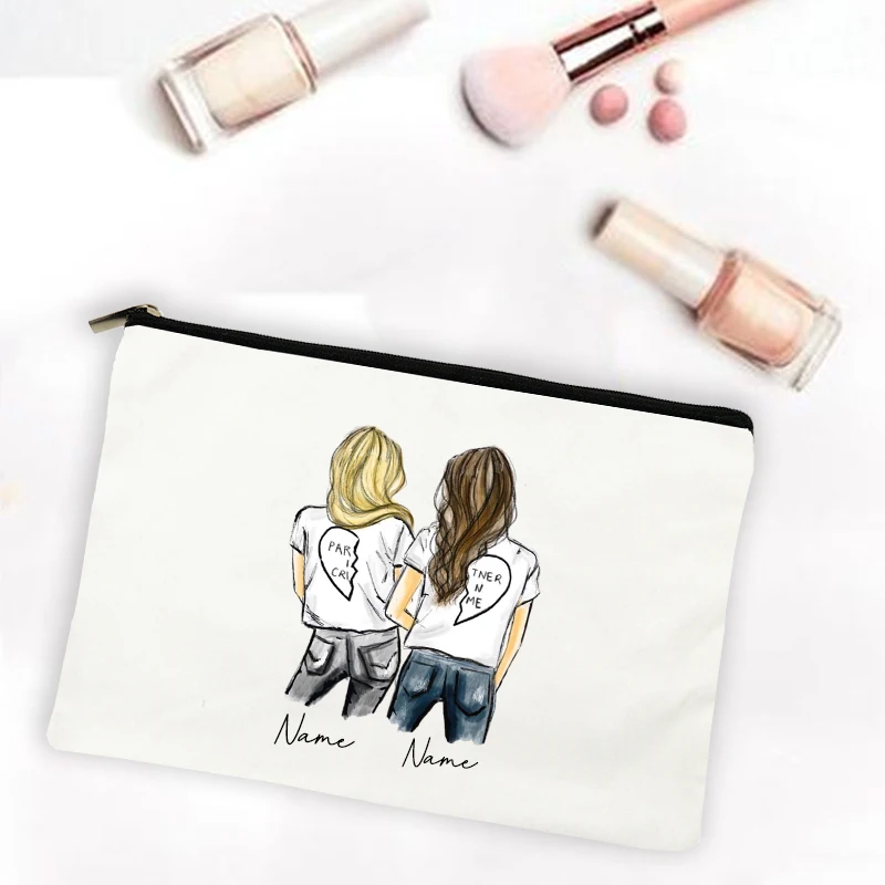 Melhor amigo dos desenhos animados menina impressão sacos de maquiagem nome personalizado bolsa cosmética viagem organizador de higiene pessoal