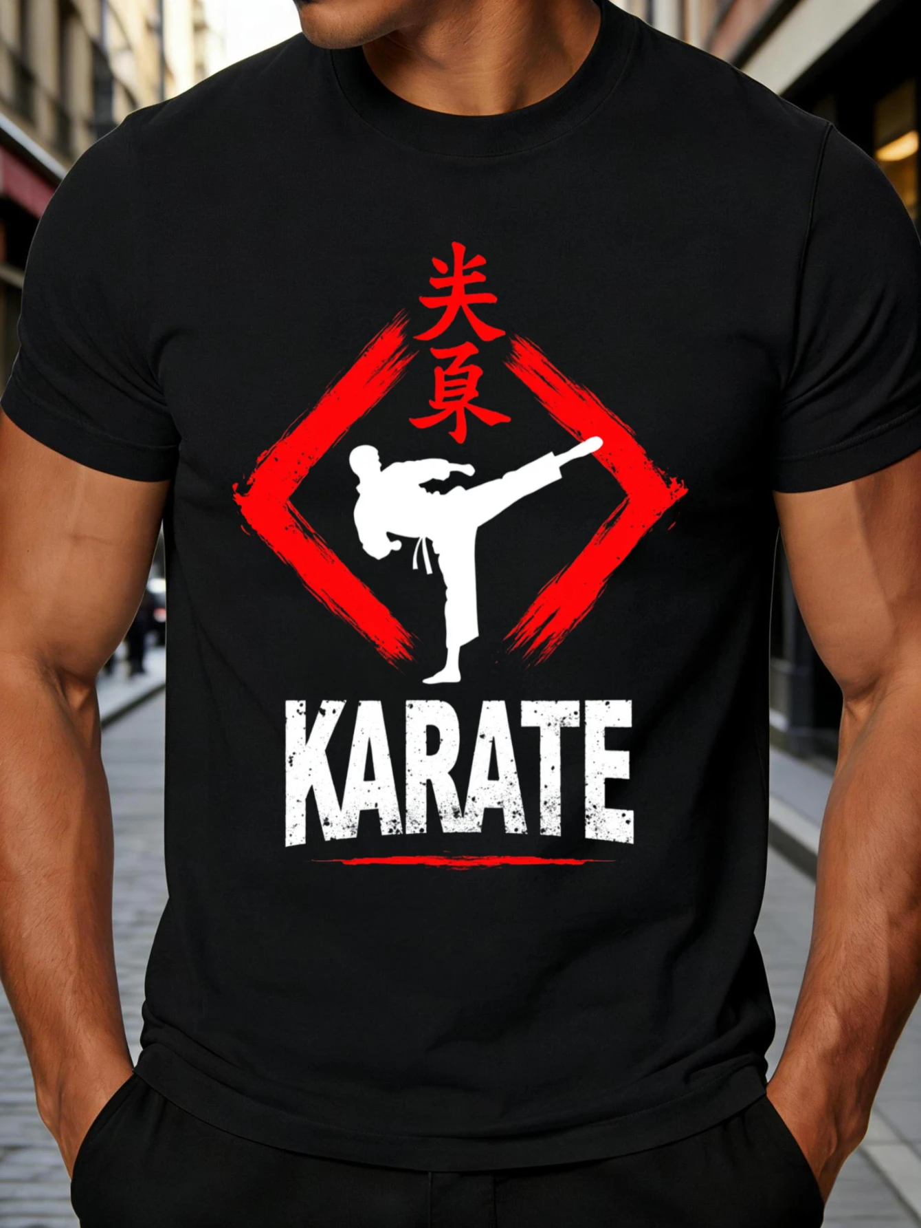 Traditional Karate Design Men's T-Shirt, Featuring Red Diamond and Japanese Character Patterns, Karate Practitioner Silhouette, a Spring/Summer Gift Specially Crafted for Martial Arts Enthusiasts