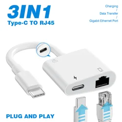 3 In 1 Type C To Ethernet Adapter RJ45 Adapter For Huawei Xiaomi Oppo Apple Laptop To Ethernet Charging Adapter