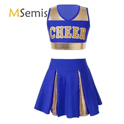 Kids Girls Cheerleading Costume Cheerleader Uniform Sleeveless V Neckline Letter Print Crop Top with Elastic Waistband Skirt