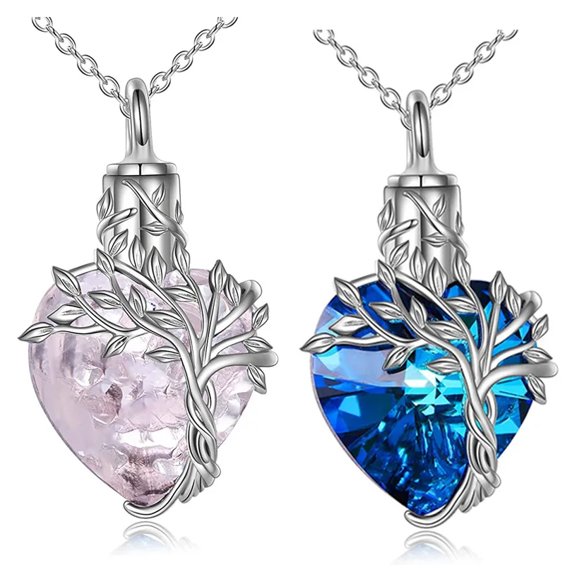 

Silver Tree Life Heart Cremation Pet Urn Crystal Natural Ashes Keepsake Necklace Pendant for Gift ashes cremation keepsake