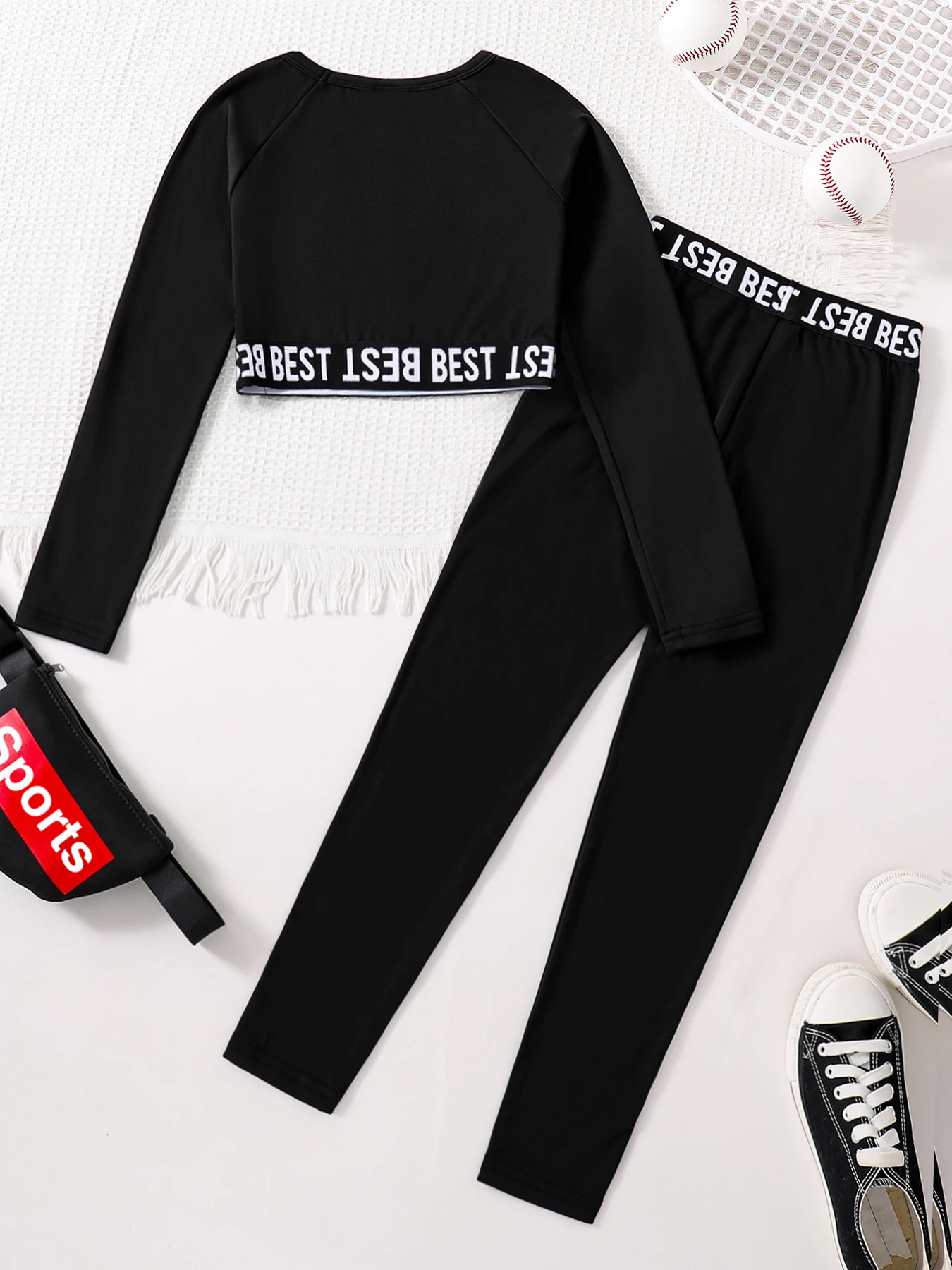 Spring and autumn fashion girls 2 sets of black crewneck letter print long sleeve top + black slim-fit sweatpants