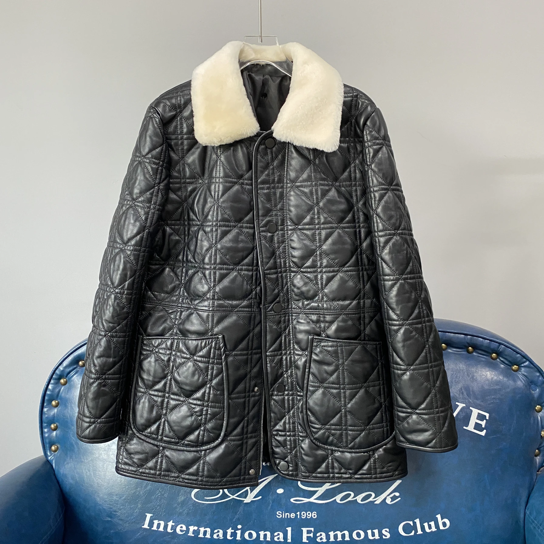 レディース ダイヤモンド柄 薄手コットン 本革ジャケット ウインドブレーカー ミドル丈コート 暖かいシープスキン アウターコート