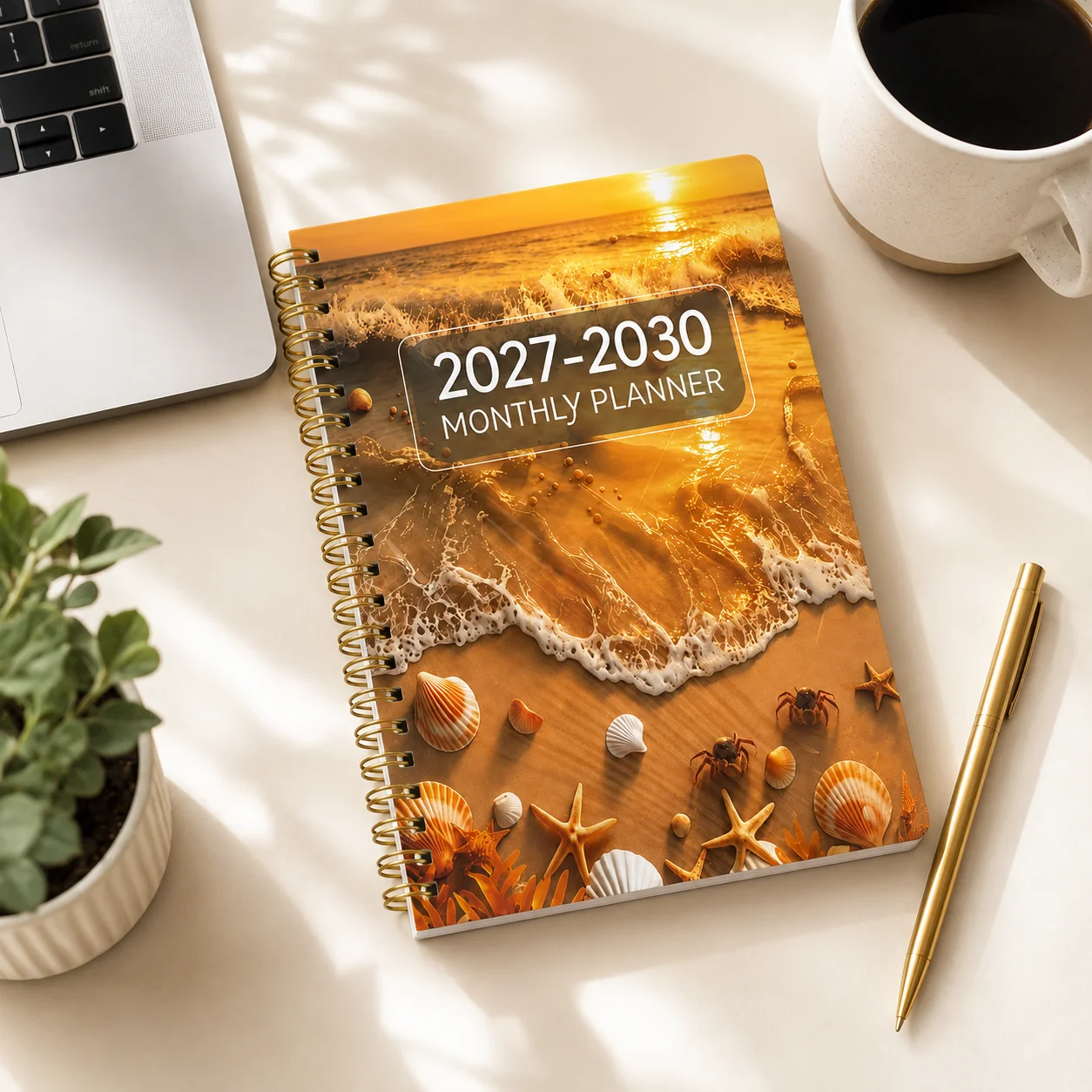 Sunset Beach Agenda 2027-2030 4-Year Spiral Planner Seashell Cover Notebook Multi-Year Organizer Long-Term Schedule Planner