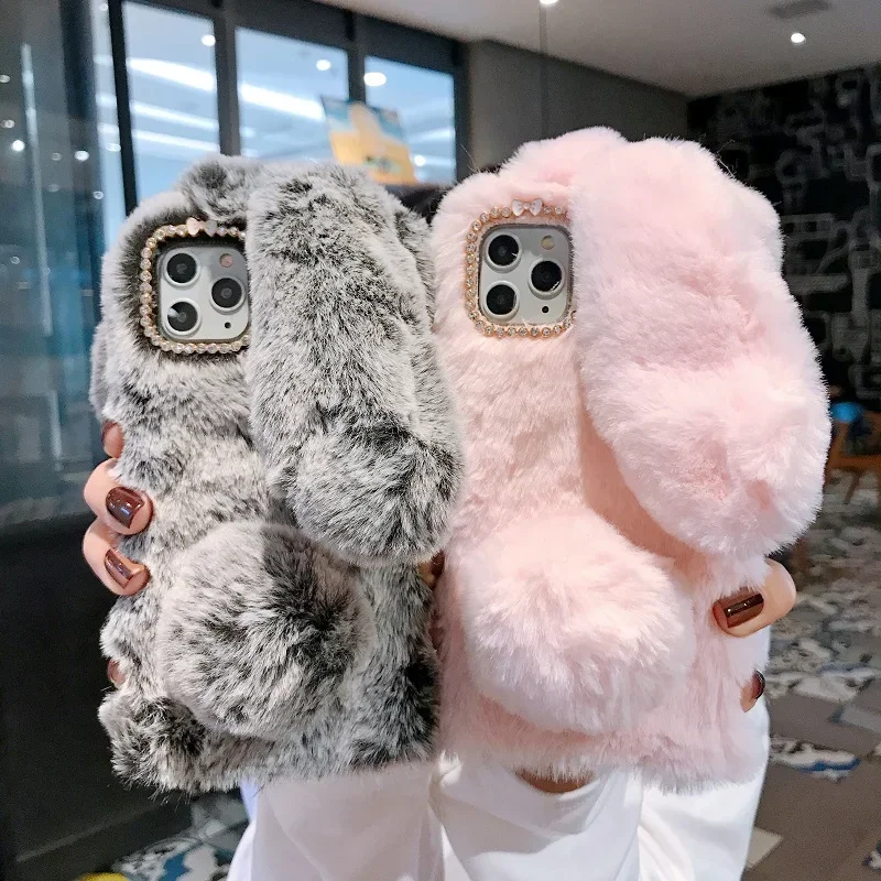 Soft Plush Case For iPhone 13 14 15 16 11 12 Pro XR X Xs Max 3D Furry Rabbit Bunny Warm Fur Hair Cover