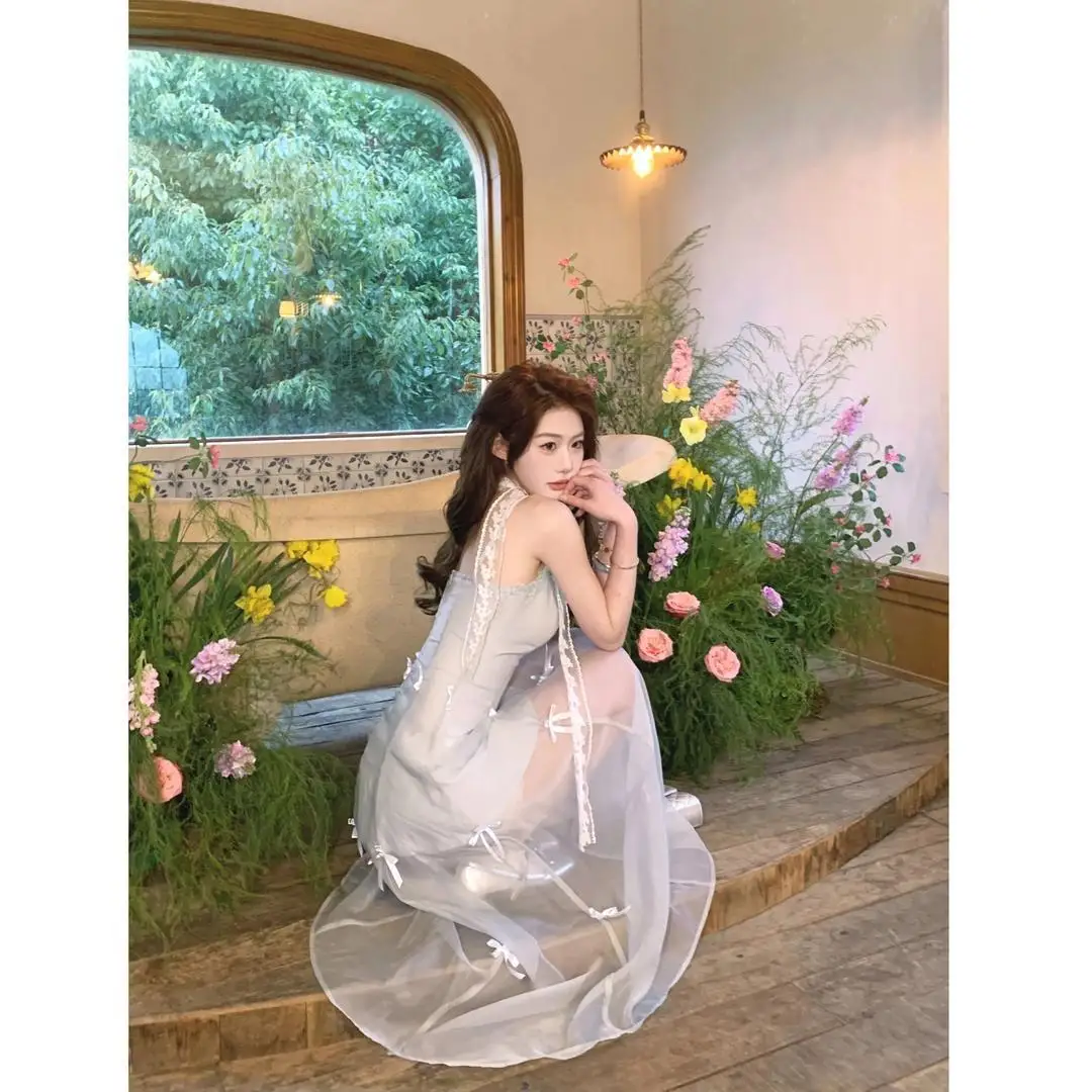 보타이 스트랩 허리 조이는 슬림핏 메쉬 캐미 드레스