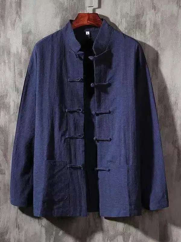 Women's Large Size Cotton Linen Shirt Collar Button up Ethnic Style Top Cardigan Autumn Outerwear Tang Suit Long Sleeve Casual