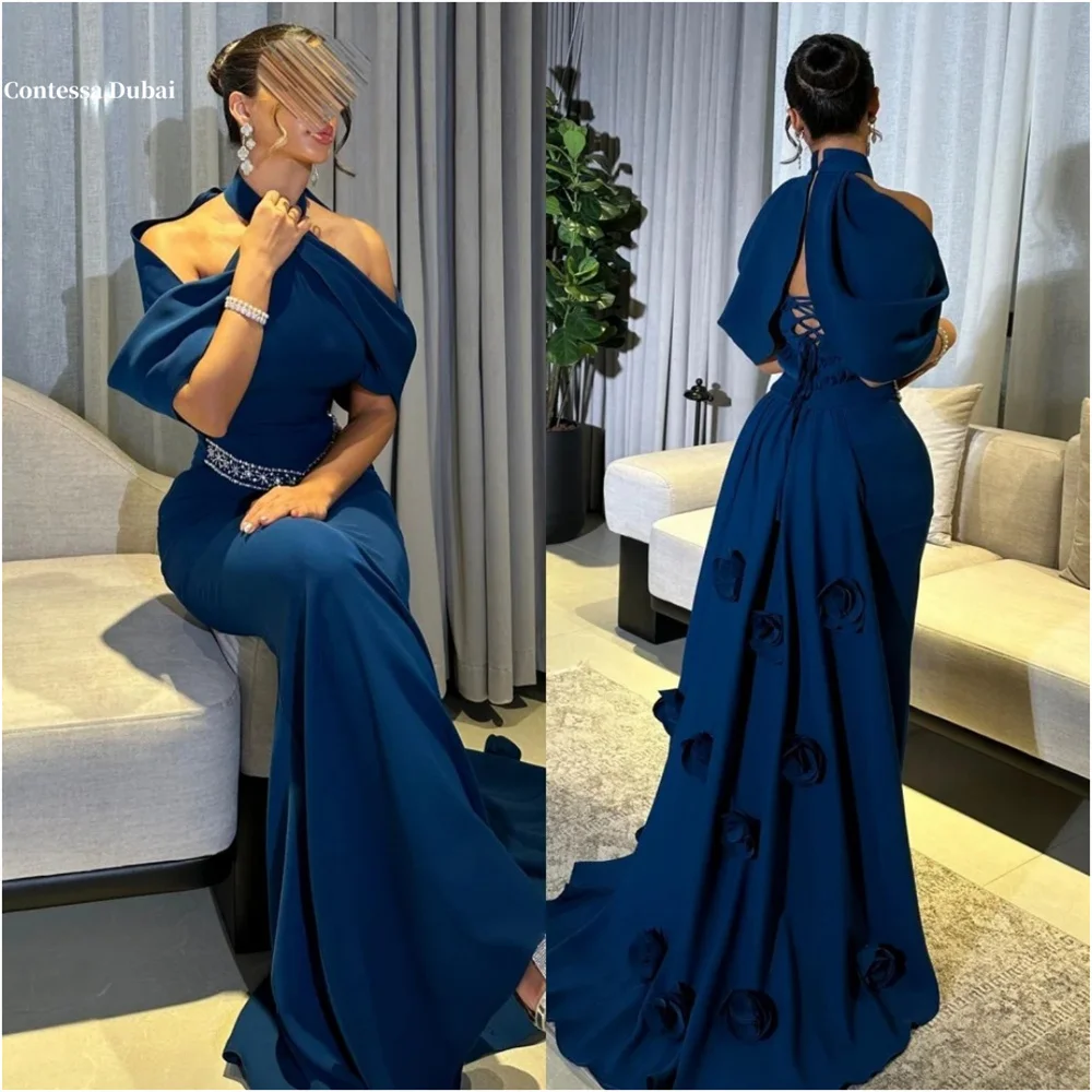

Contessa Dubai Halter Neck Waist 3DFlowers Prom Dresses Off Shoulder Lace-Up فساتين سهرات V-shaped Rhinestone Srobes de soirée