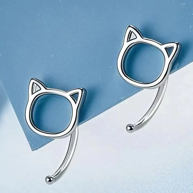 Fashion Simple Hollow Cute Cat Stud Earrings For Women Girls Silver Color Small Earrings Teen Jewelry image 3