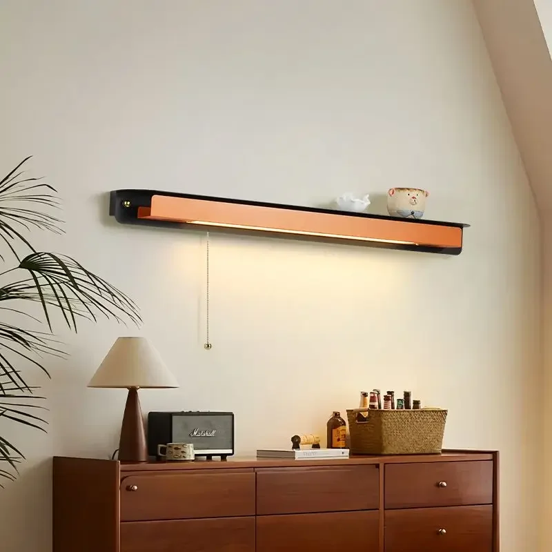 

Mid Ancient Style Long Strip Storage Wall Lamp with Drawstring Switch At The Head of The Bed High-end Retro LED Decorative Light