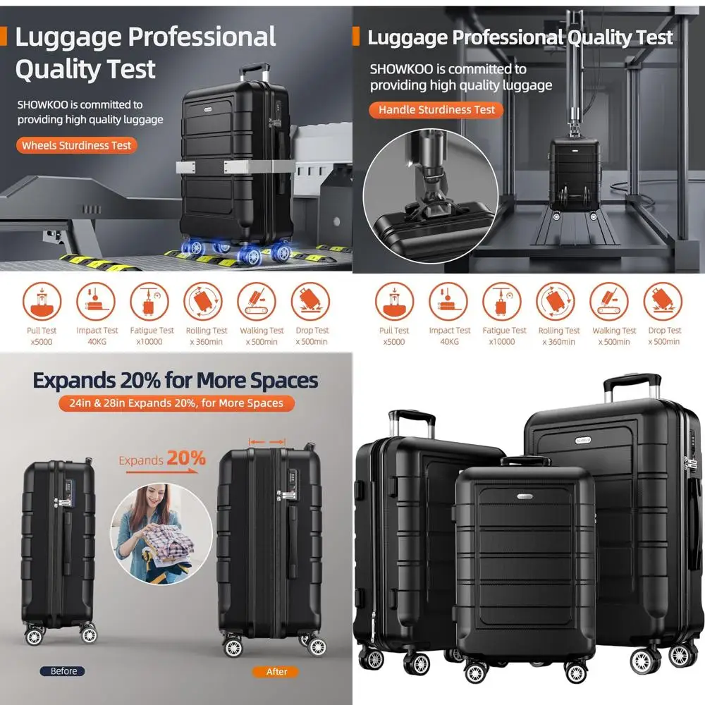 

Расширяемый черный чемодан из материала ПК + АБС-пластика, двойными колесами и замком TSA