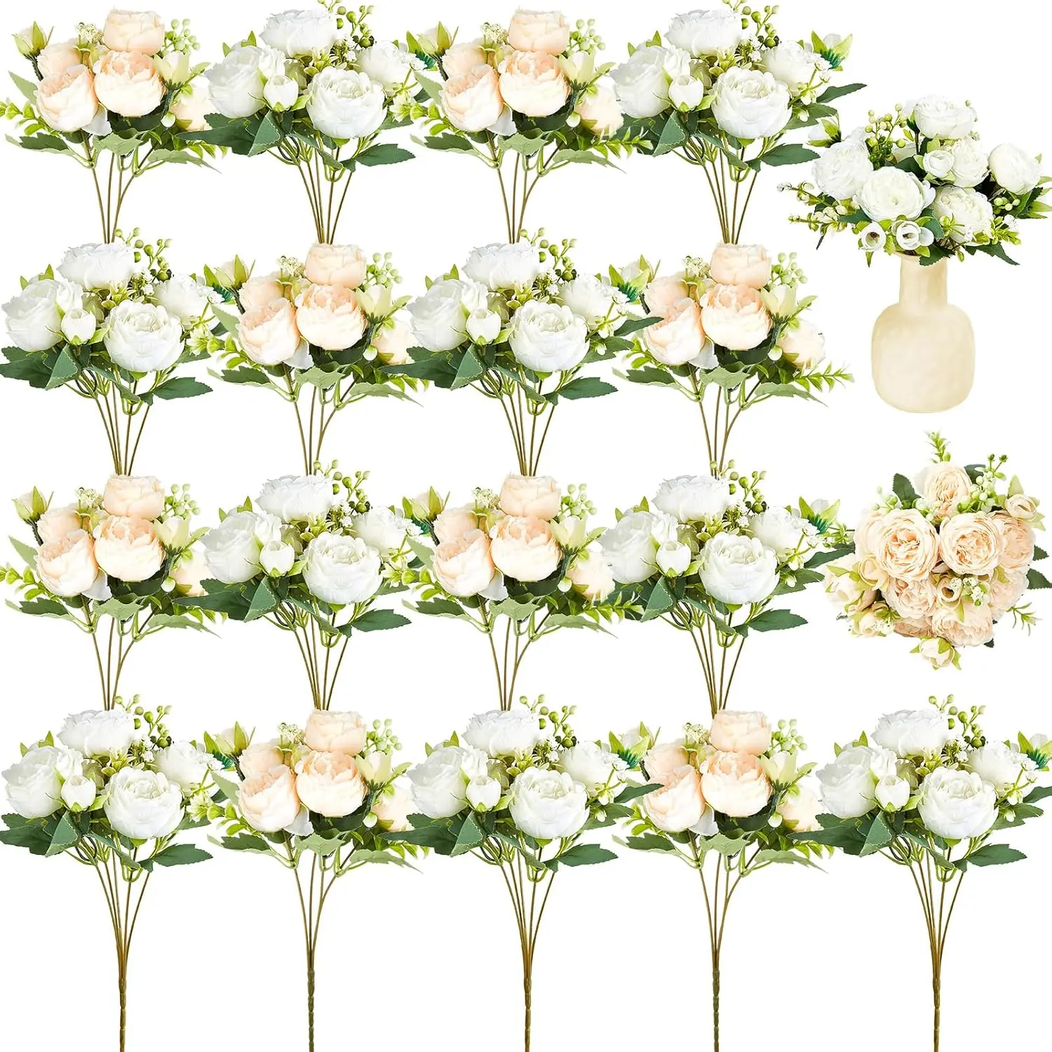 24 Bundles Silk Peonies Artificial Flowers Faux Bouquet for Vase Wedding Home Decor (White, Champagne)