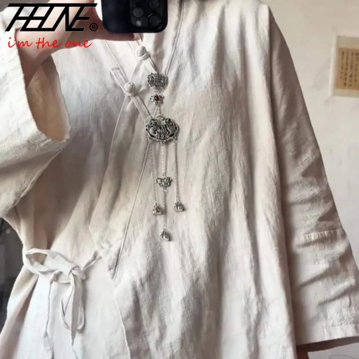 Women's Lace-Up Vintage Long Sleeve Blouse in Cotton Linen