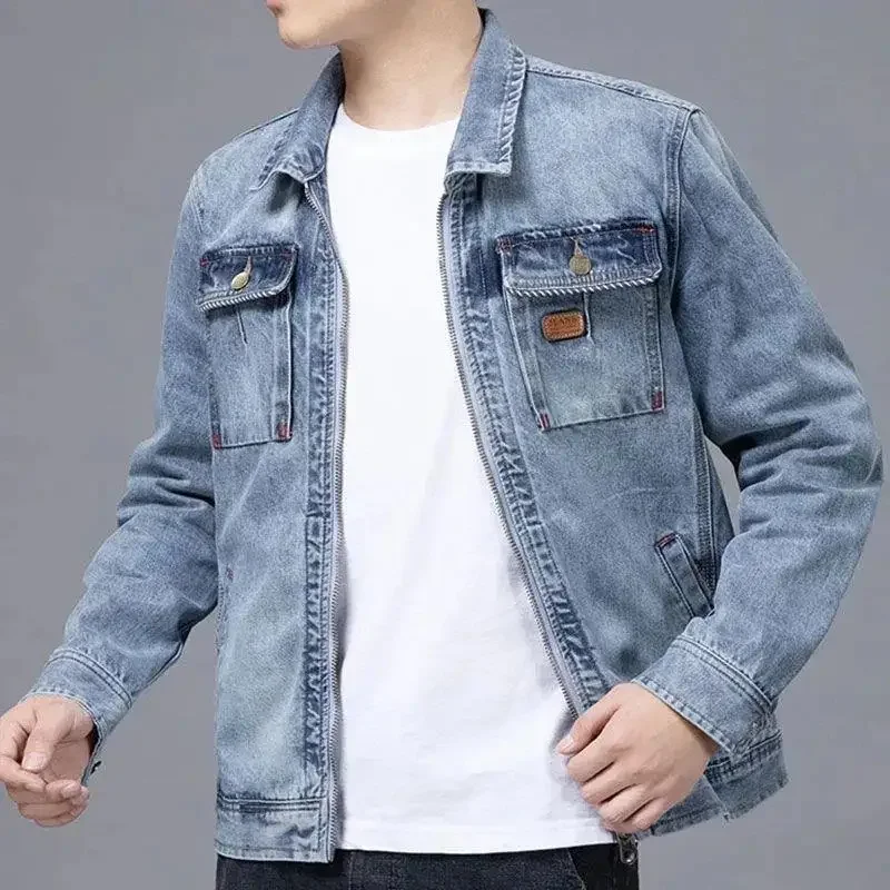 Male Jean Coats Biker Zip V Blue Autumn Pocket Men's Denim Jacket Motorcycle Vintage Aesthetic Casual Joker Outwear Japanese Y2k