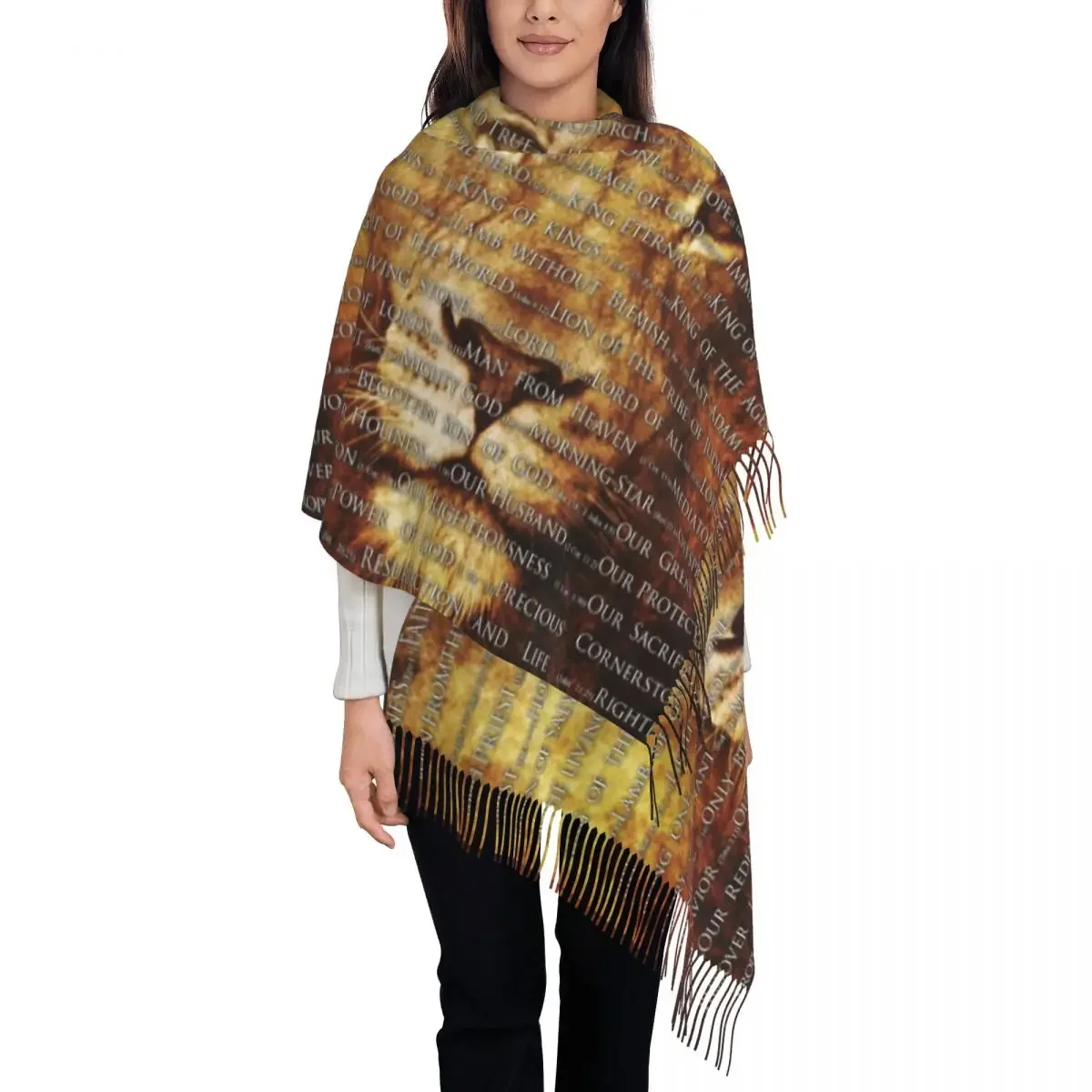 Ladies Long The Names Of God Jesus Lion Scarves Women Winter Thick Warm Tassel Shawl Wraps Christian Catholic Scarf