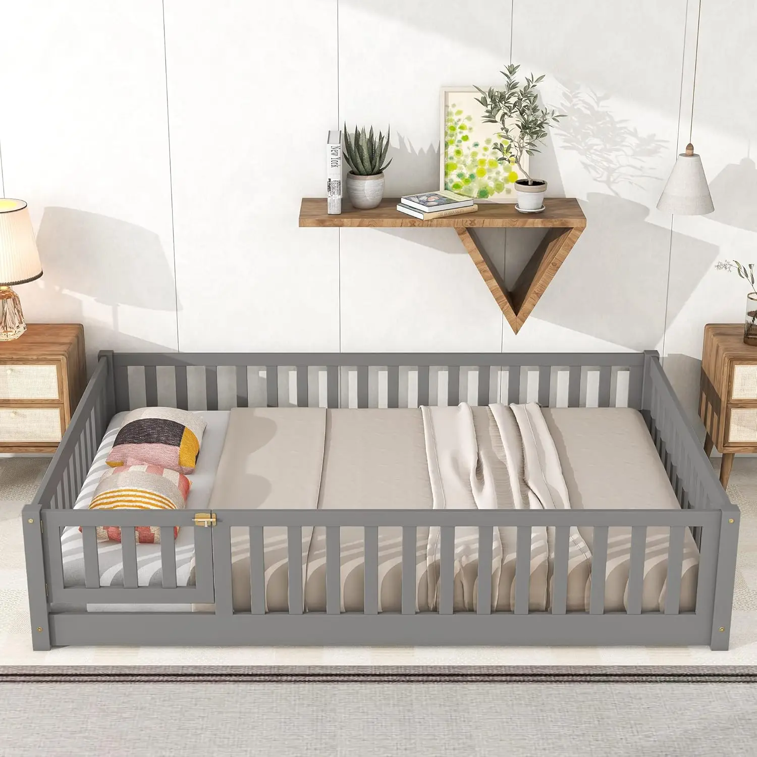 Lls Full Floor Bed For Children, Durable Montessori Floor Bed With Wood Slats, Safety Fence & Small Door, Wood Floor Bed Frame