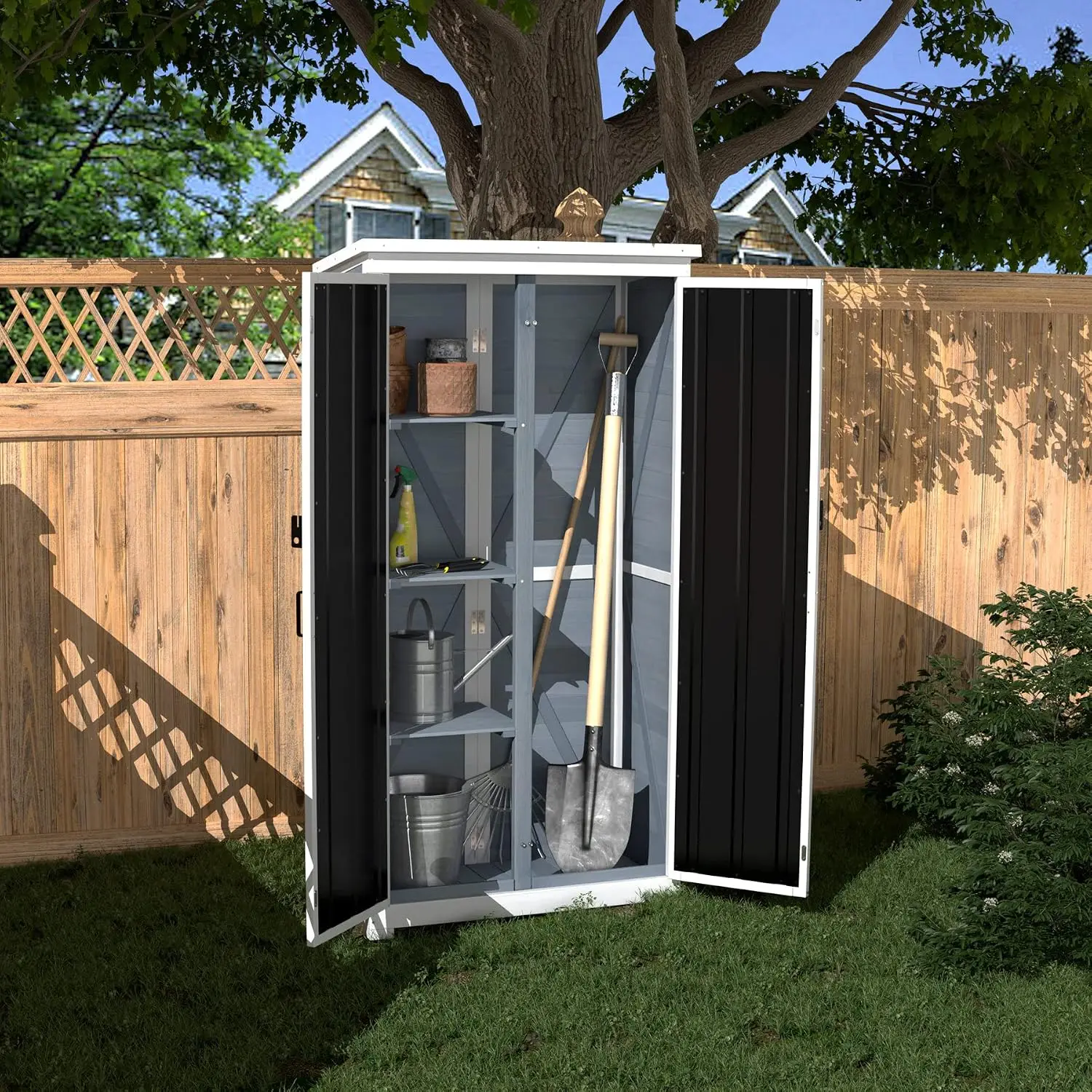 Outdoor Storage Cabinet Wood Metal Garden Shed Tall Tool Organizer, Customized