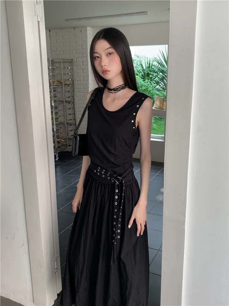 CHEERART Rivet Sleeveless Long Tank Dress For Women 2023 Summer Classy Black A Line Maxi Dress With Belt Designer Clothes