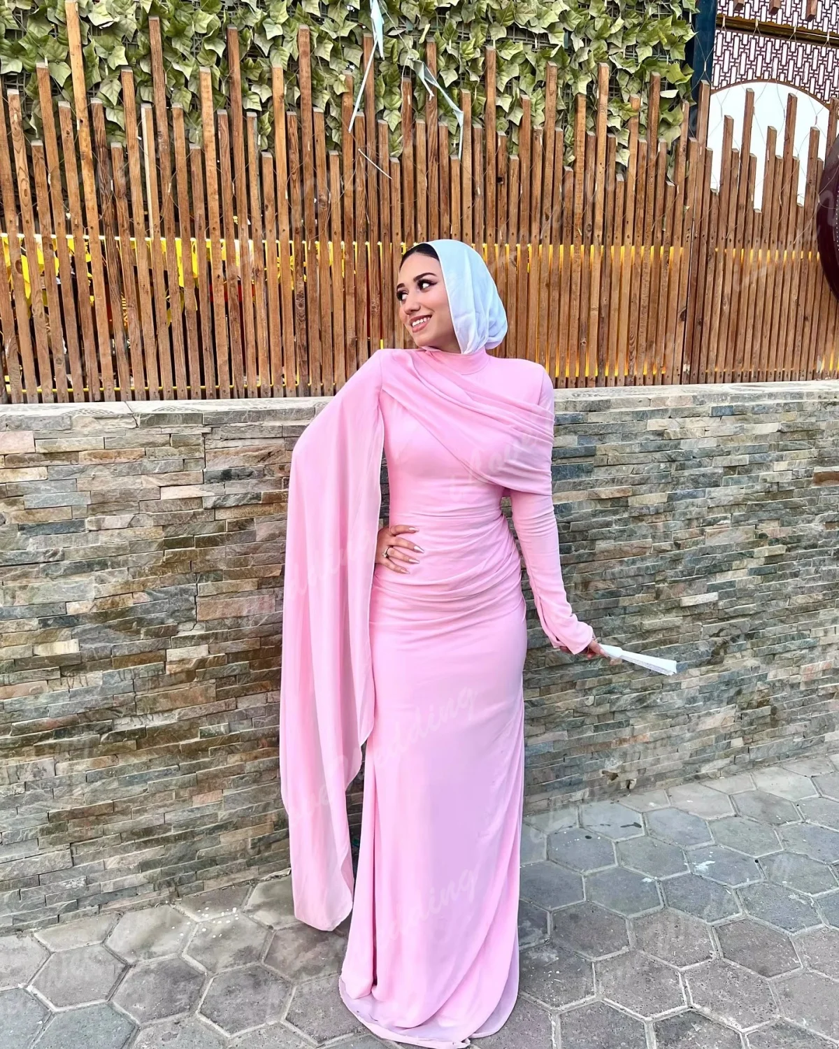 Elegante rosa muçulmano vestidos de baile 2025 feminino plissado de alta pescoço festa vestido de noite até o chão vestido de ocasião formal personalizado