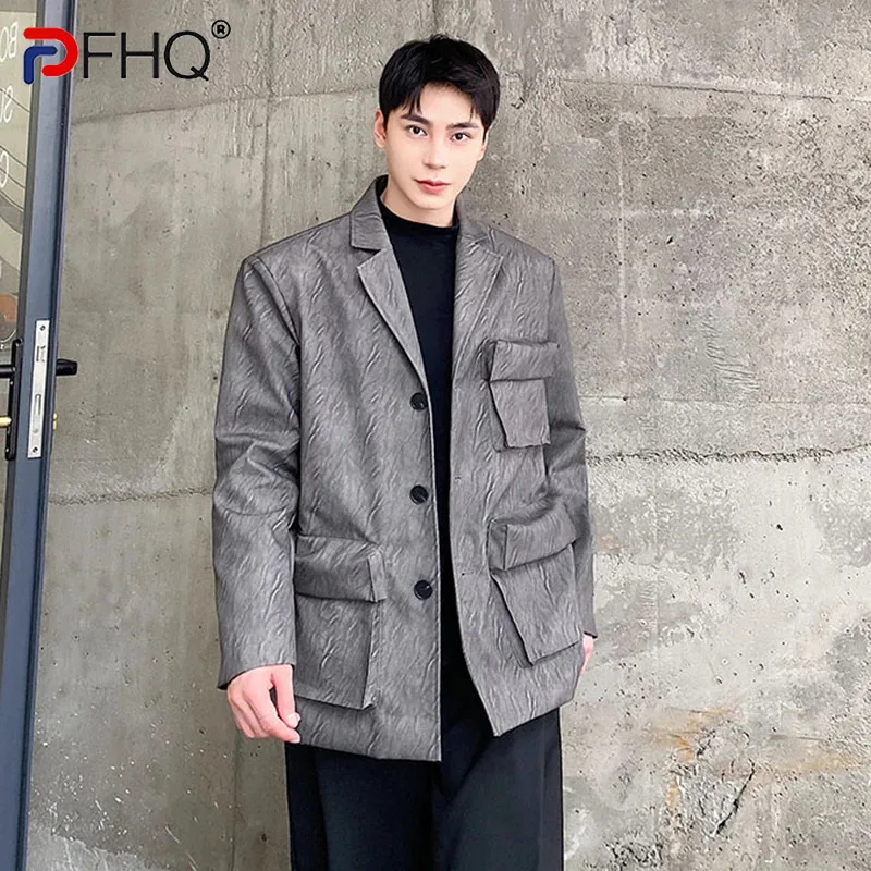 

PFHQ Autumn Leather Jackets Fashion Men's Clothing Lapel Collar Coat Safari Style Loose Streetwear Trend 2024 New Blazers 9C3236