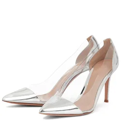 Silver Patent Leather Pointed Toe Pumps for Women 2022 Party High Heels Transparent Clear Shoes Ladies Stilettos Heeled Pumps