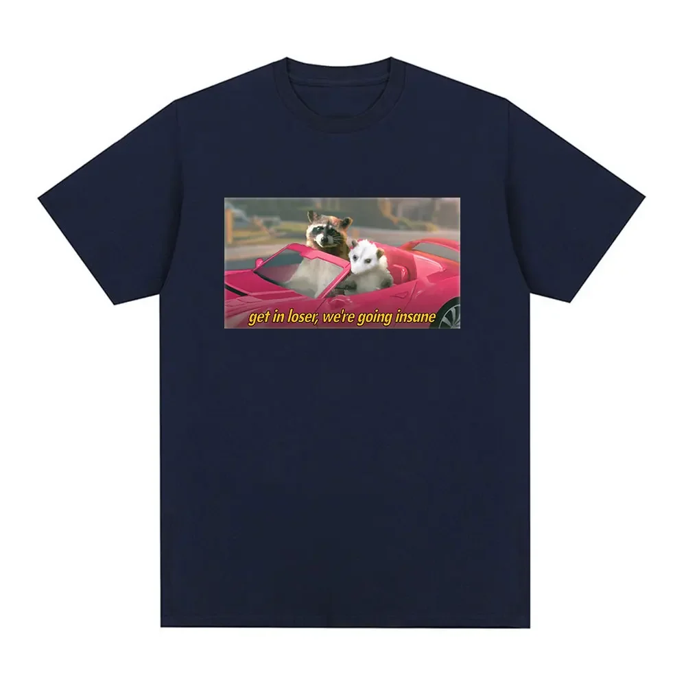 تي شيرت بأكمام قصيرة بنمط ، تي شيرت عصري ، حيوان ممتع والراكون ، نحن مجانين ، ميم