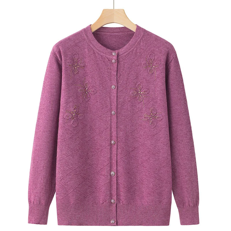 Весенне-осенний вязаный свитер для мам среднего возраста, женский кардиган, пальто, топ с длинными рукавами, винтажный свободный трикотаж для бабушки