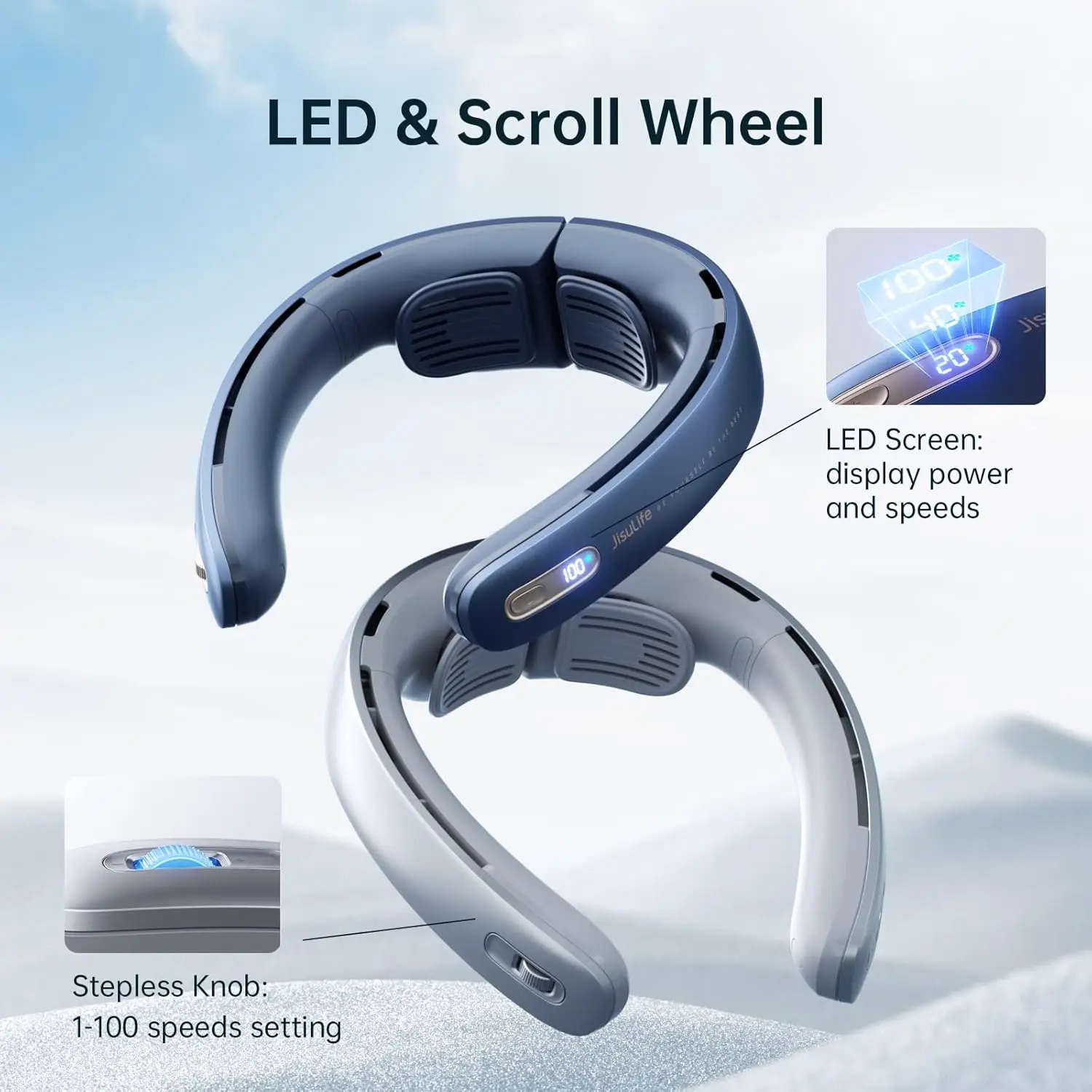 JISULIFE ポータブルネックファン Pro1 100段階風量調節 LEDディスプレイ 5000mAh充電式 パーソナルミニハンズフリーUSBバッテリー駆動 ウェアラブル