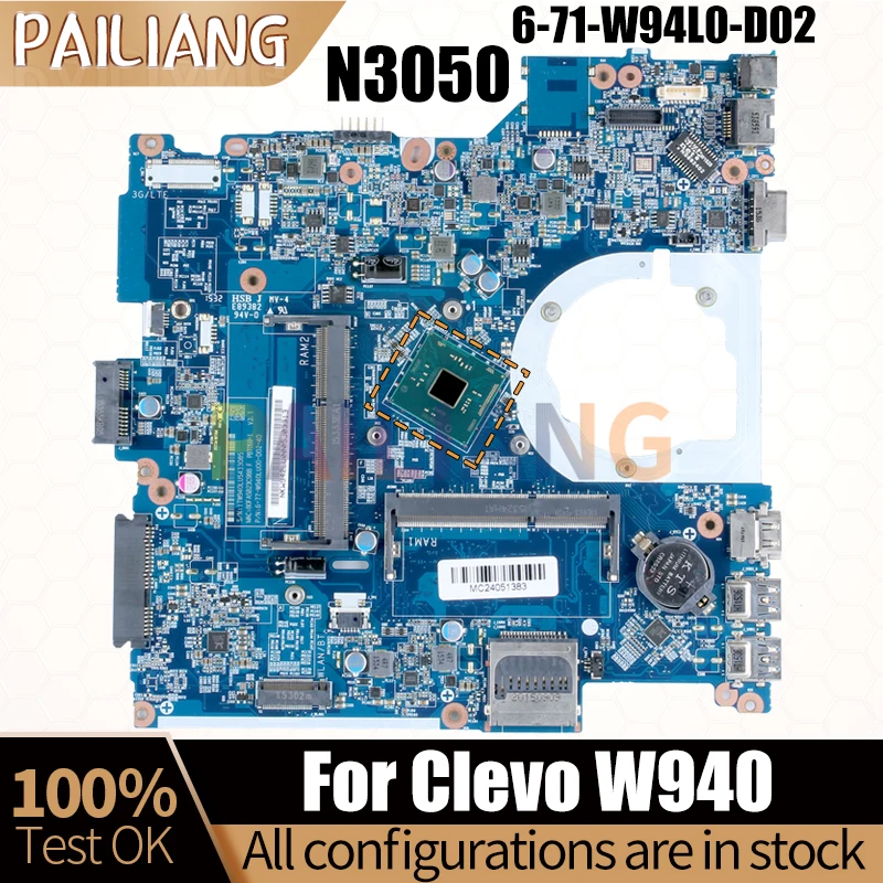 For Clevo W940 Laptop Mainboard 6-71-W94L0-D02 6-77-W940LU00-D02-4D SR29H N3050 Notebook Motherboard Full Test