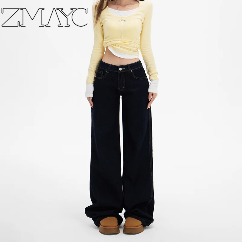 ZMAYC, pantalones vaqueros de pierna ancha adelgazantes de cintura baja de estilo coreano para mujer, ropa de calle, pantalones vaqueros, nuevos pantalones de pierna recta holgados y versátiles