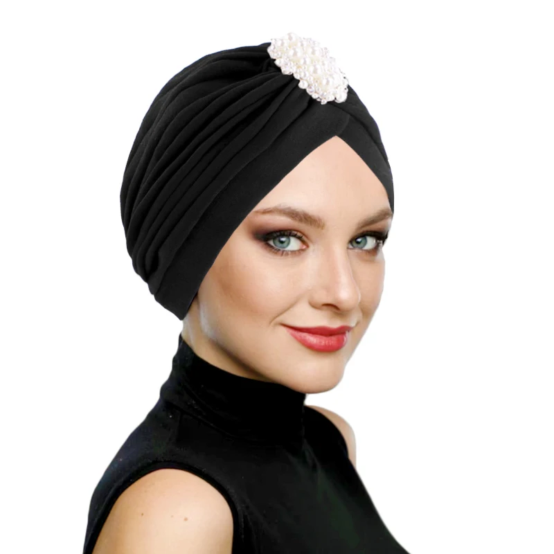 

Pearl Jewel Turban Hats For Women Chemo Bandana Hijab Pleated Indian Cap Turbante Hat Ladies Hair Accessories Ethnic Style Hat