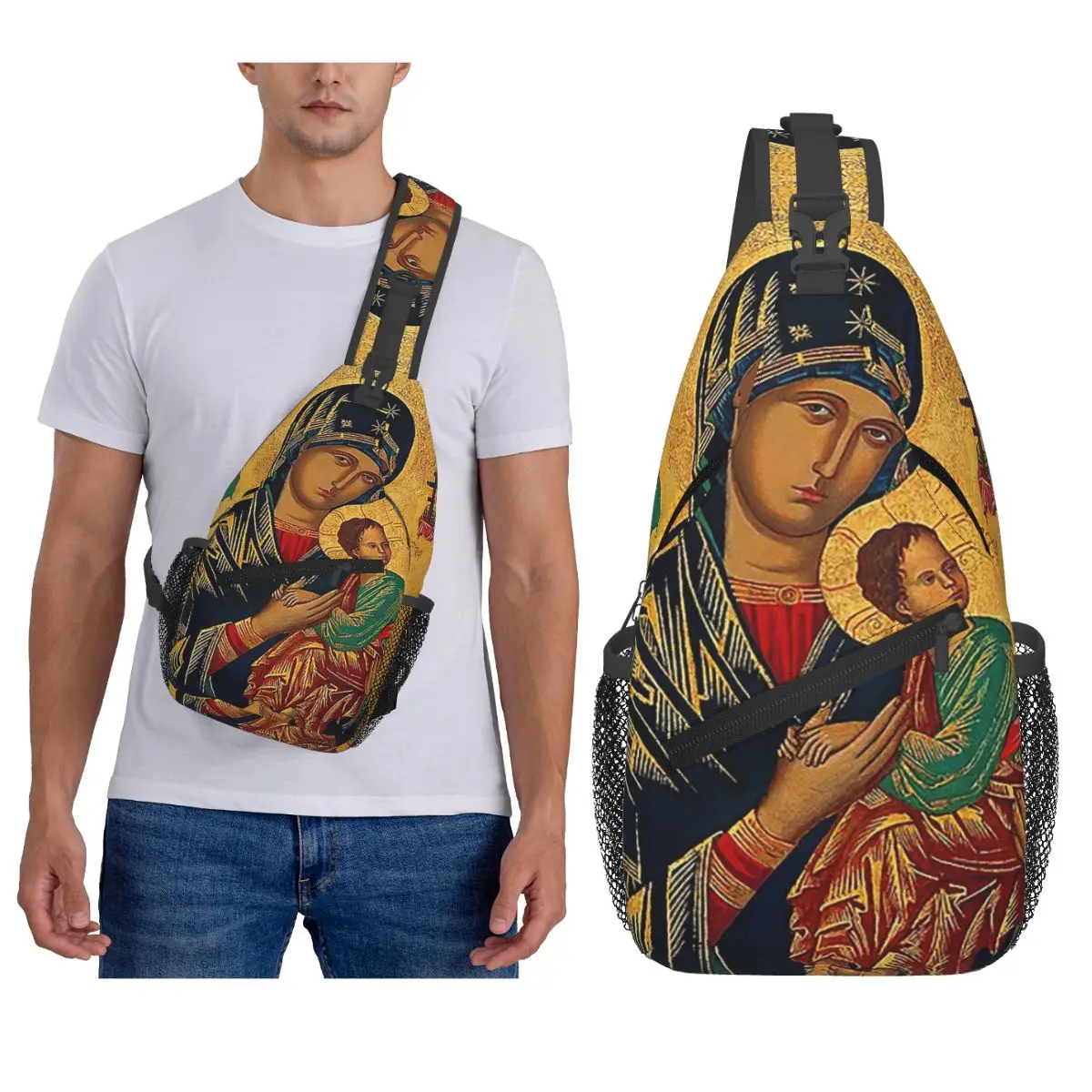 

Our Lady Of Perpetual Help Roman Catholic Virgin Mary Chest Bag Men Sling Crossbody Backpack Chest Bag Daypack Shoulder Bag